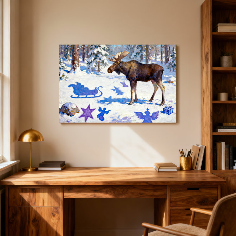 Christmas Winter Moose Snowy Forest Christmas Scene, 28" H x 40" W