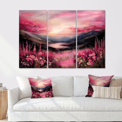 Pink Skies Over Vermont Mountains II - Landscape Cottage Wall Art Print Set