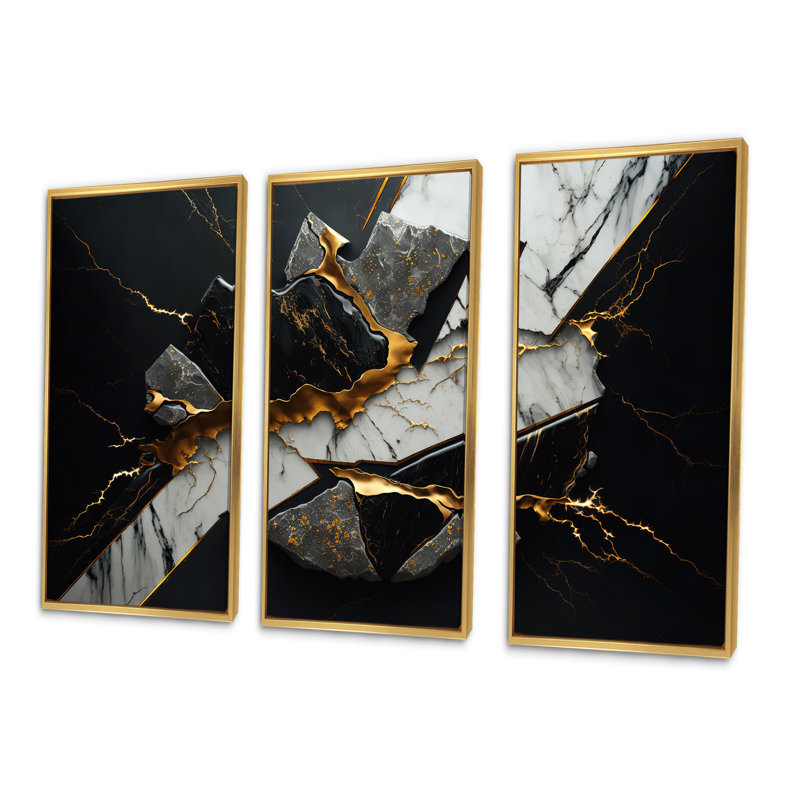 «Abstract Geode Black III», reproduction sur toile flottante 3 pièces, H 28 po x l 36 po, Or