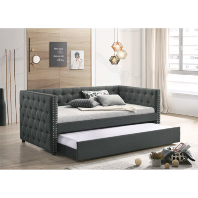 Lit de jour simple avec tissu gris et lit gigogne - Poids maximal supporté : 150 kg, profondeur du lit gigogne : 104 cm, capacité de couchage supplémentaire : 2 places, largeur : 218 cm, meuble de chambre