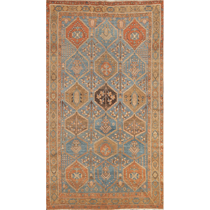 Tapis bleu en laine noué à la main de conception unique 5 pi 2 po x 9 pi 7 po Neah