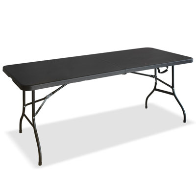 6 Foot Black Plastic Folding Table with Carry Handle, Portable Indoor Outdoor Table for Picnics, Parties, Games, and Dining, 27.2"W x 70.5"D x 28.3"H