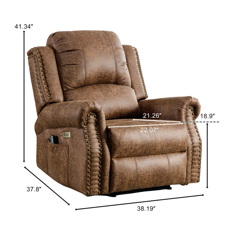 Ensemble de salon inclinable en similicuir 2 pièces avec garniture cloutée, massage et port USB (fauteuil + causeuse)