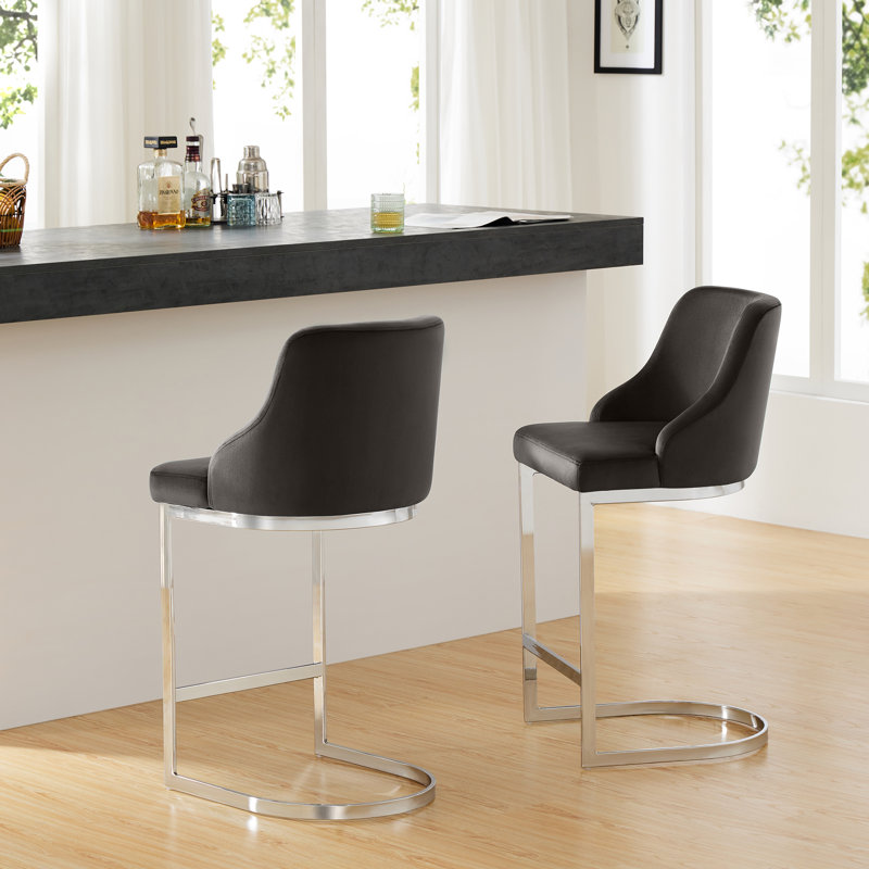 26-Inch Velvet Grey Upholstered Bar Stool with Metal Frame