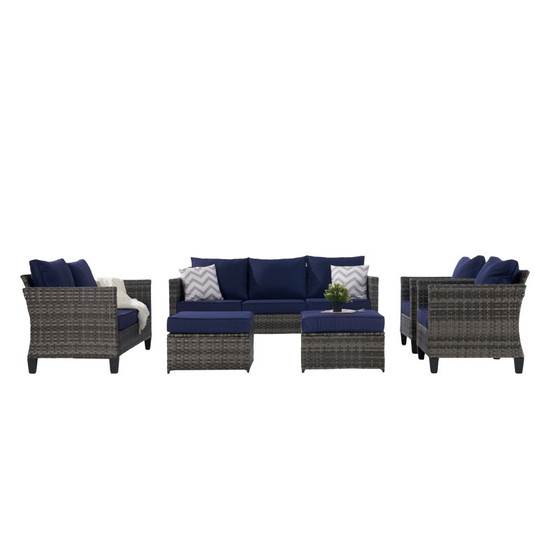 Wicker 9 - Person Patio Conversation Set, Navy Blue