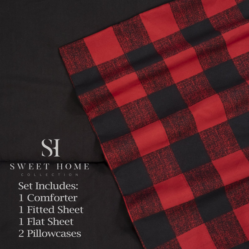 Buffalo Farmhouse / Country Box Stitch Plaid Comforter, King Comforter + 4 Additional Pieces