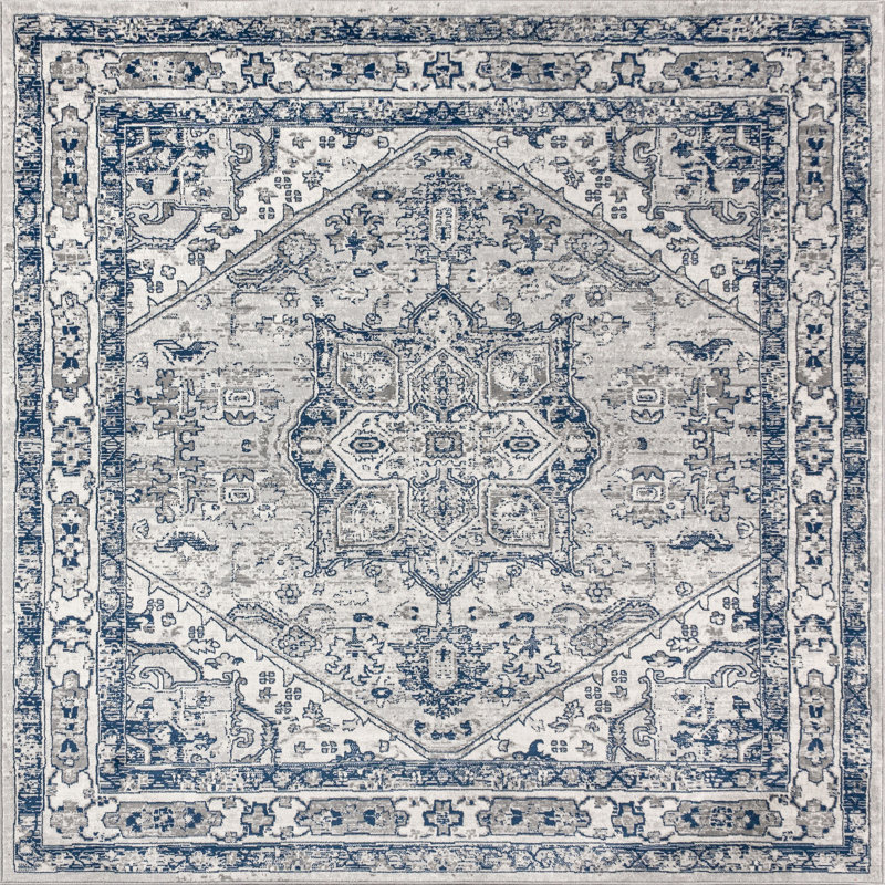 Lawton Modern Persian Vintage Medallion Light Gray/Navy Rug, Square 6'7"