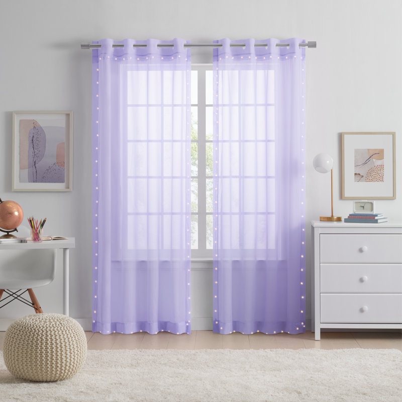 Eclipse Starlight Light Up Sheer Hookless Grommet Curtain, Curtain Lights with Remote Control, Bedroom Curtain, Room Divider or Outdoor Patio, 1 Panel, 63 In Long x 52 In Wide Curtain, White