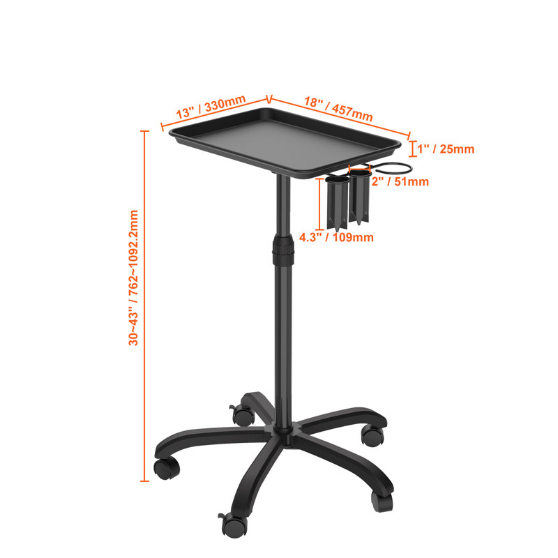 Black Adjustable Rolling Salon Tray Cart with Cold-Rolled Plate