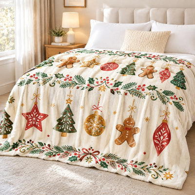 Plaid douillet de Noël, imprimé de bonhommes en pain d'épice et de décorations de sapin, couverture en peluche pour canapé, lit, chambre, salon, décoration intérieure