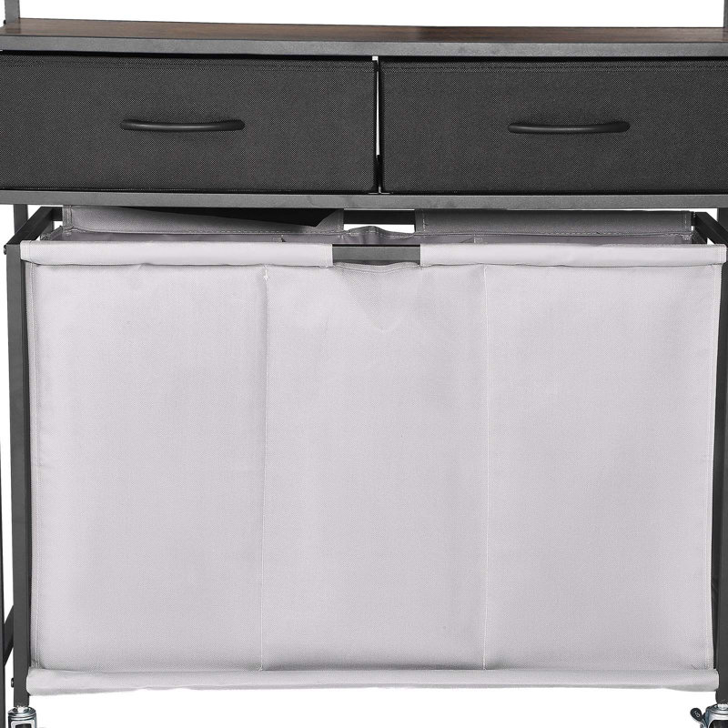 3 Section Laundry Sorter, Rolling Laundry Hamper with 2 Drawers, Hooks & Wheels, Rolling Basket Organizer Storage with Pull-Out Rolling Bags and Wooden Tabletop for Dirty Clothes, Bathroom