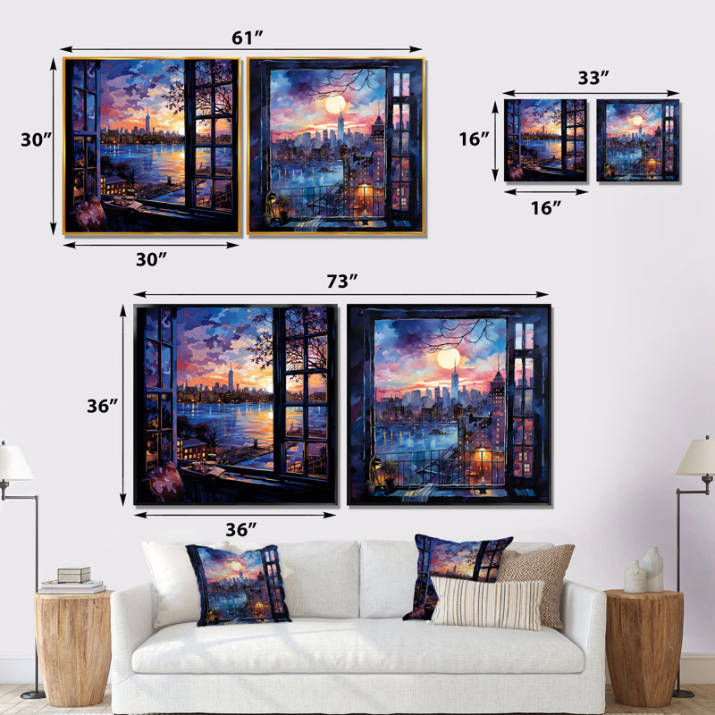 Blue Nyc At Night Window View I - New York City, ensemble de 2 impressions sur toile, Toile tendue