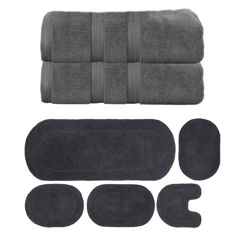 Brunk Collection 100% Soft Cotton 2 Pc Bath Towel & 4 Pc Bath Rug Set, (Set of 6), Dark Gray