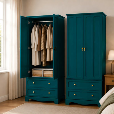Freestanding Wooden Wardrobe Armoire with 2 Drawers