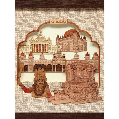  10" Wood Carving Karnataka Monuments | Hand Carved Wooden Wall Art, Traditional Indian Decor