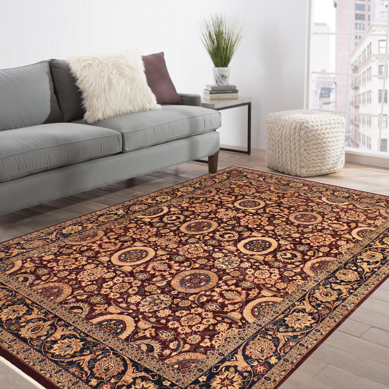 Tapis beige / rouge / bleu marine en laine noué à la main à motif oriental Roby 7 pi 11 po x 9 pi 11 po Roby