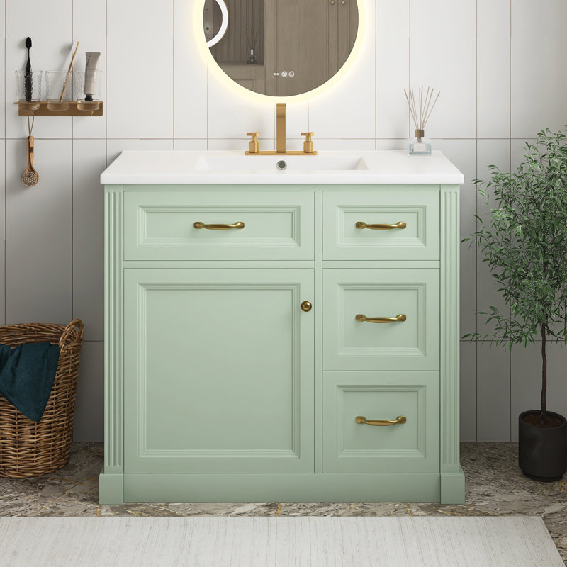 Meuble-lavabo vert 36 po avec lavabo en céramique, armoire avec 4 tiroirs, porte à fermeture en douceur et tablette réglable, meuble-lavabo moderne