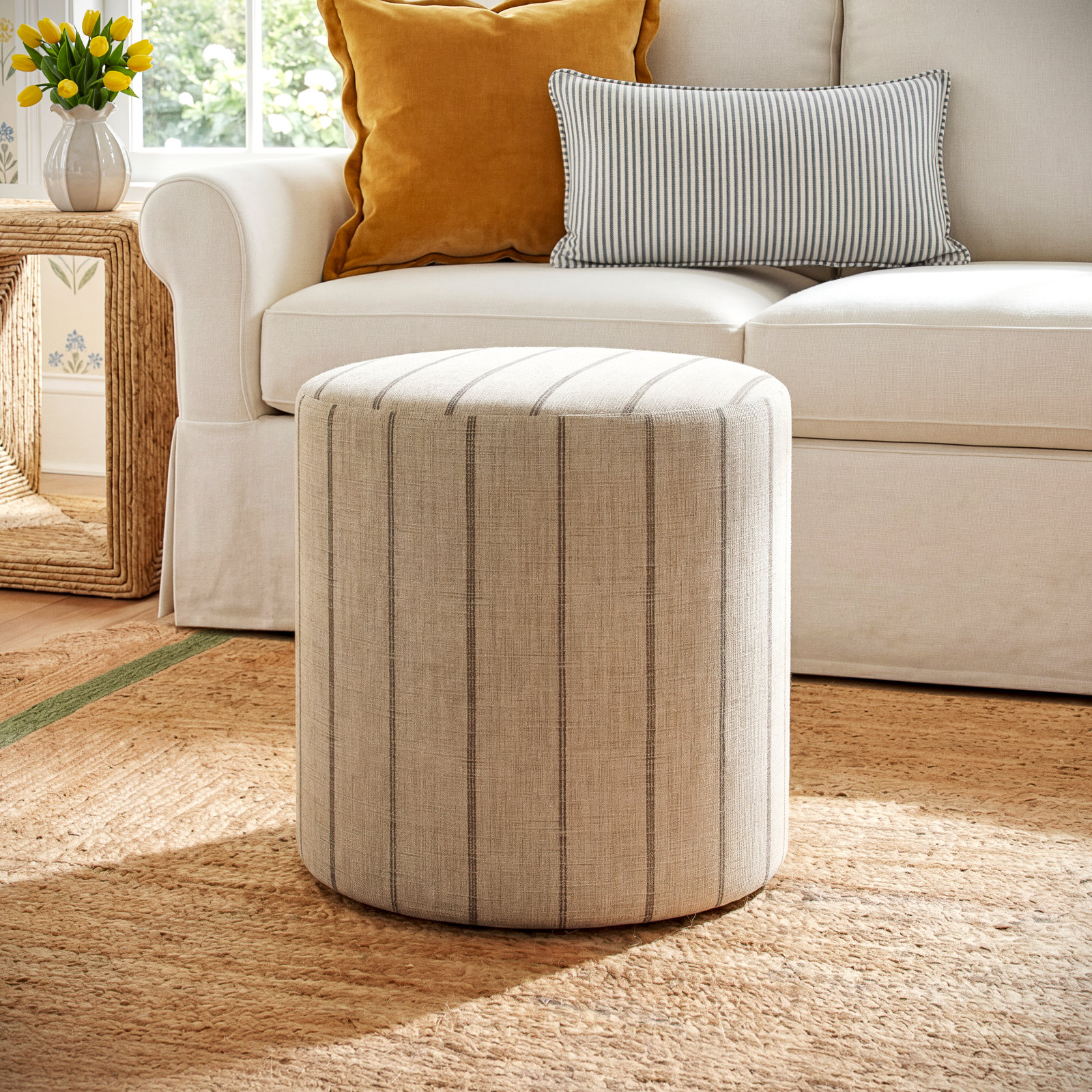 Epaulette Upholstered Ottoman, Fritz Indigo Stripe