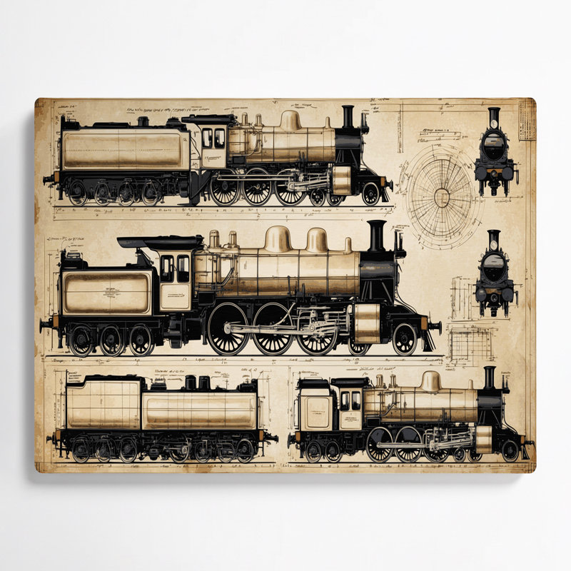 Dessins techniques de locomotive de transport, art mural en métal beige, H 11 po x l 14 po
