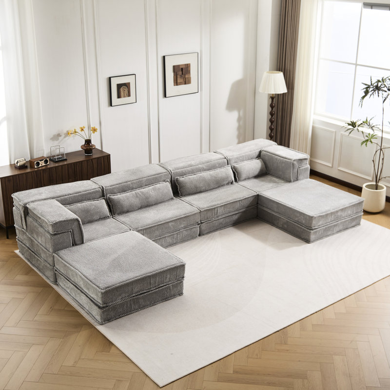Canapé d'angle modulaire sans os à monter soi-même, gris, convertible en lit, 4 places, polaire circulaire, mousse à mémoire de forme haute densité, sans assemblage, pour la maison, avec 2 espaces adaptables et résilients.