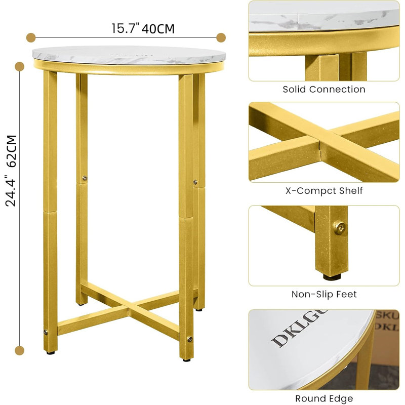 Modern Faux Marble Round Side Table Set Of 2, 2-piece 16 Inch Living Room End Table Accent Table Nightstand With Metal Frame For Bedroom, Small Spaces