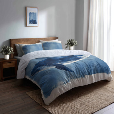 Whale in Indigo Depths Bedding Set 3 Pcs - Marine Photogram Duvet Cover With Shams