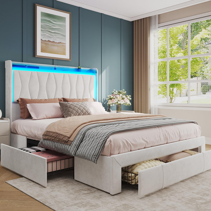 Bed Frame With Led Light And 3 Drawers Storage, Full