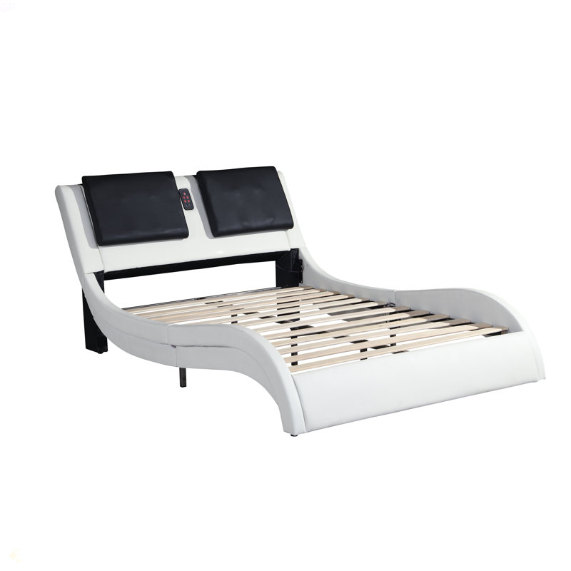 Faux Leather Upholstered Platform Bed Frame With Led Lighting ,Bluetooth Connection To Play Music Control,Backrest Vibration Massage,Curve Design, Wood Slat Support