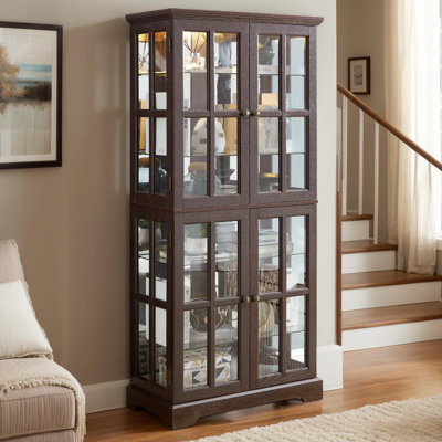  Lighted Display Curio Cabinet, 69" Wood China Display Case with Glass Doors & Adjustable Shelves, Light Bulb Included, Freestanding Tall Wine Storage Rack for Bar and Liquor Storage, Living Room