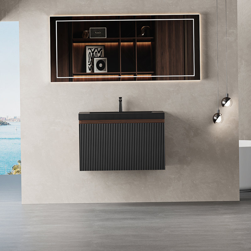 Meuble-lavabo flottant avec lavabo, meuble de rangement mural moderne avec tiroir à fermeture en douceur, idéal pour les salles de bain compactes et fonctionnelles.