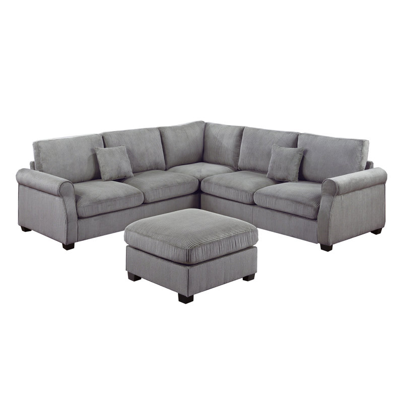 4Pc Sectional Set Matching Pillow Cocktail Ottoman Corner Wedge Right And Left Arm Loveseat Corduroy Upholstered Primary Living Room