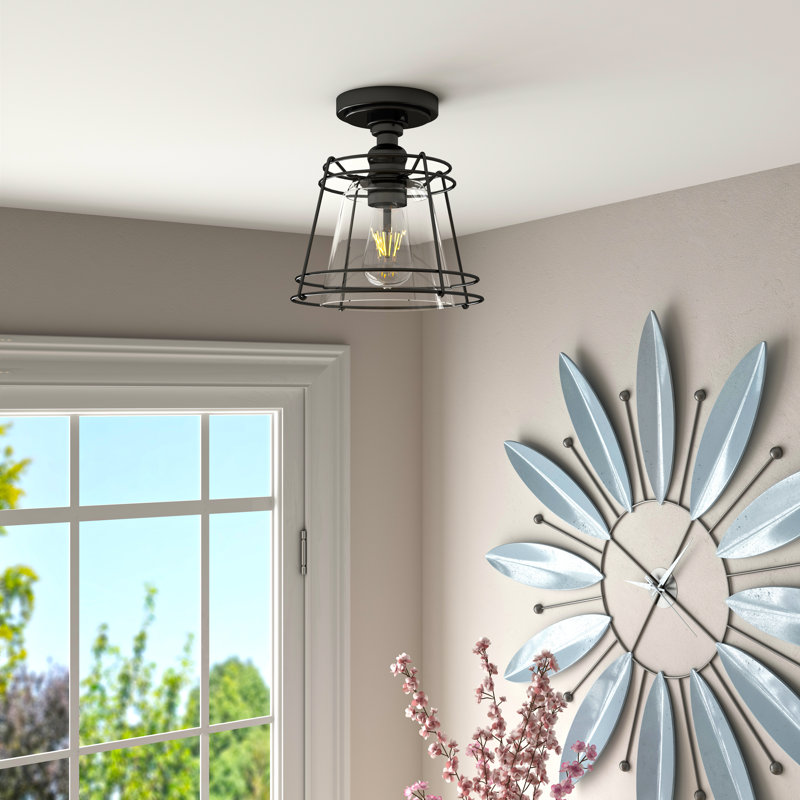 Mabelene 10 in. 1-Light Farmhouse Dimmable Semi-Flush Mount Ceiling Light in Matte Black with Clear Glass Shade