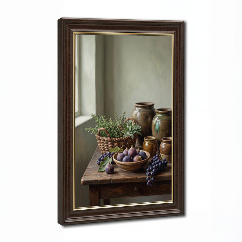 Tableau sur toile représentant des figues violettes et des raisins avec un panier d'herbes aromatiques sur une table en bois