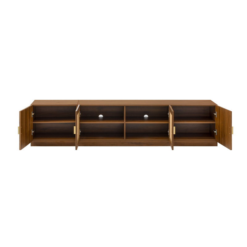 Meuble télé 78 po en rotin avec portes cannelées et tissées, tablettes ajustables pour téléviseur de 85 po