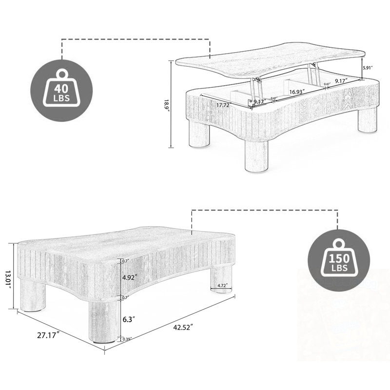 Table basse à plateau relevable avec rangement caché