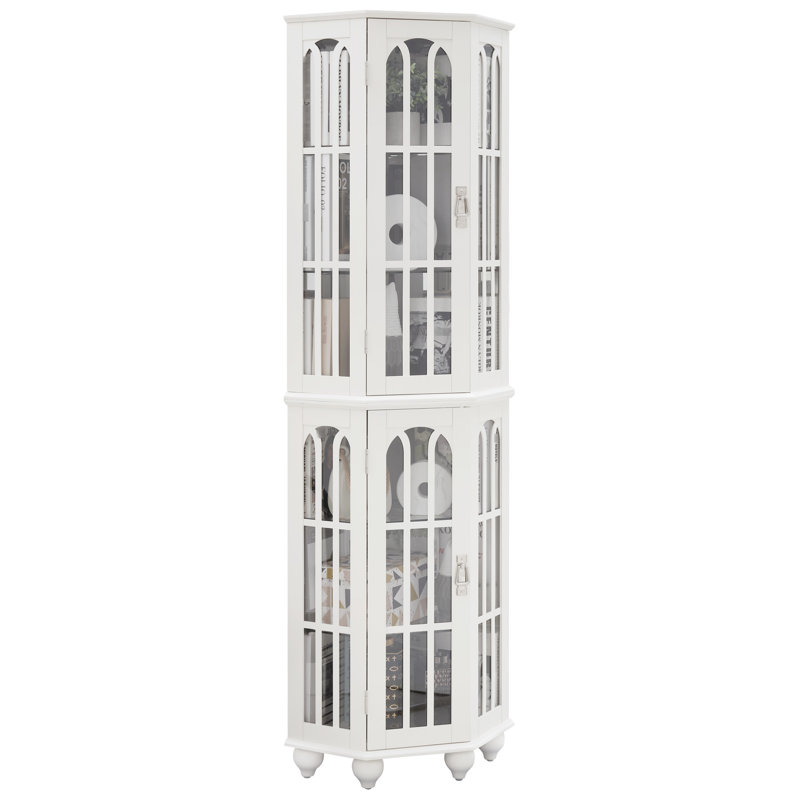 Vitrine d'angle fonctionnelle avec pieds en bois massif et système d'éclairage avec tablettes en verre de qualité blanche