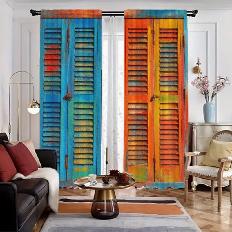 2Pcs Rustic Window Shutter Curtains, Vintage Weathered Wood Grain Textured For Living Room Bedroom Kitchen Rod Pocket Drapes, Darkening Curtain