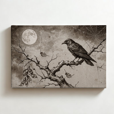 Corbeau sous la pleine lune, dessin gothique à l'encre, impression sur toile, décoration murale d'automne vintage pour salon ou chambre, 61 x 91 cm