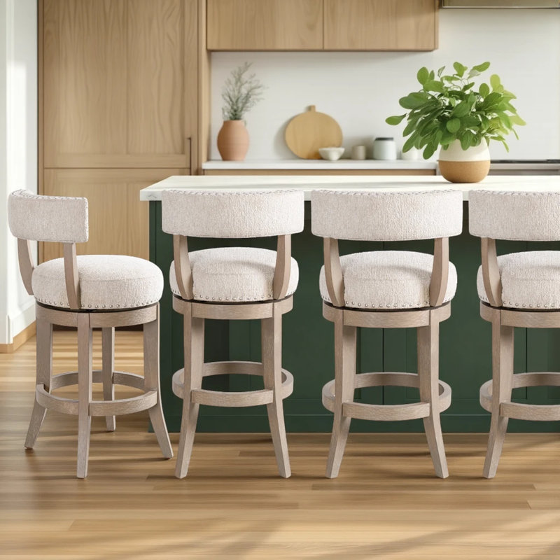 Granby Solid Wood Upholstered Swivel Barstool With Fabric Seat, Counter Stool (26" Seat Height), Washed Wood, 1