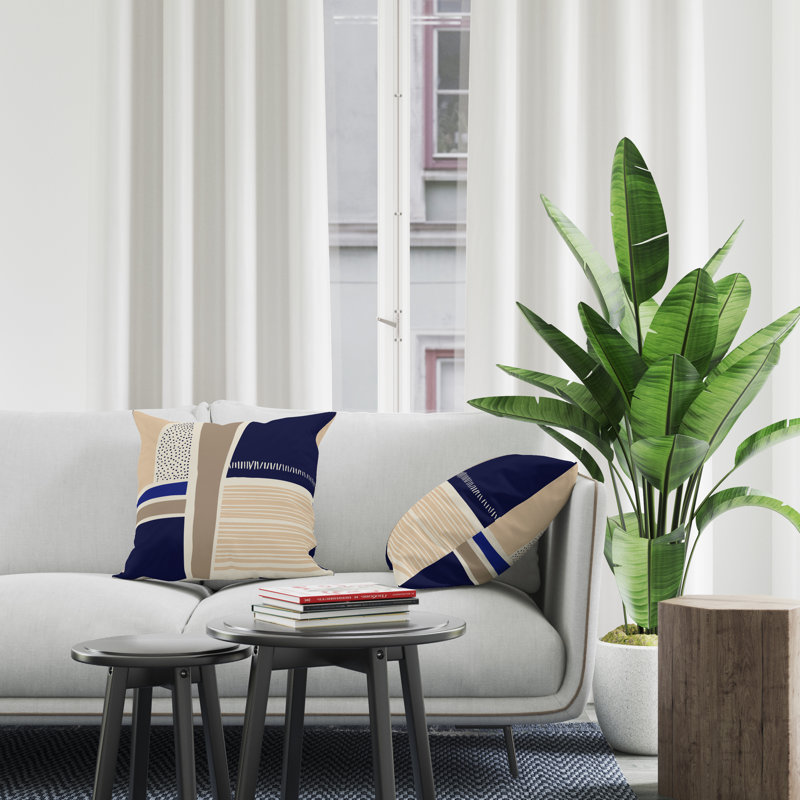Jeté carré en polyester intérieur / extérieur, Beige/bleu marine, L 19 po x H 19 po