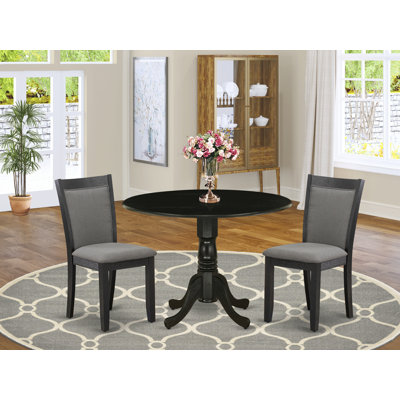 3 Piece Dining Table Set Contains a Round Dining Room Table with Dropleaf and 2 Dark Gotham Grey Linen Fabric Upholstered Chairs, 42x42 Inch, Wirebrushed Black