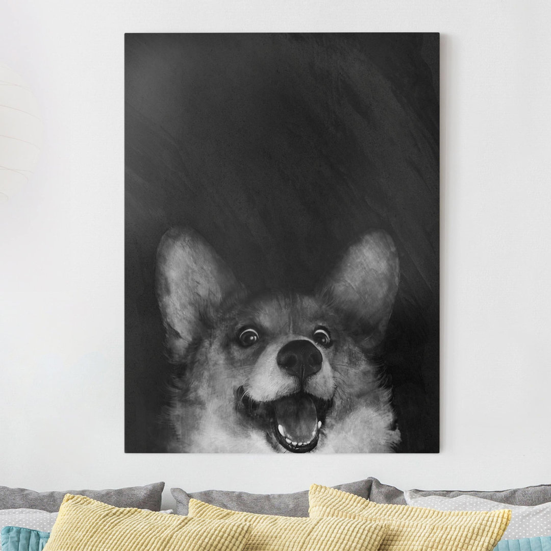 Leinwandbild Dog Corgi Painting Black And White