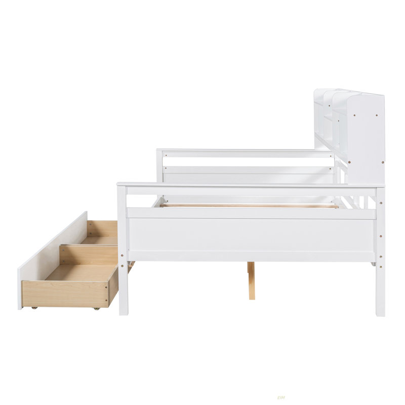 Daybed, Wood Slat Support, With Bedside Shelf And Two Drawers (Daybed), Full / Double, White