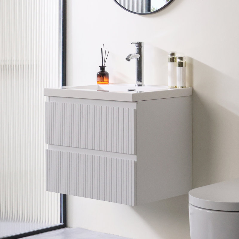 24” Bathroom Floating Vanity Cabinet With Sink And Double Drawers, White