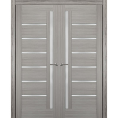 Portes doubles françaises massives en verre dépoli Quadro 4088, panneaux en bois de frêne gingembre, cadre et garnitures robustes pour placard ou chambre à coucher, 84 po x 84 po (2 x 42 x 84 po)