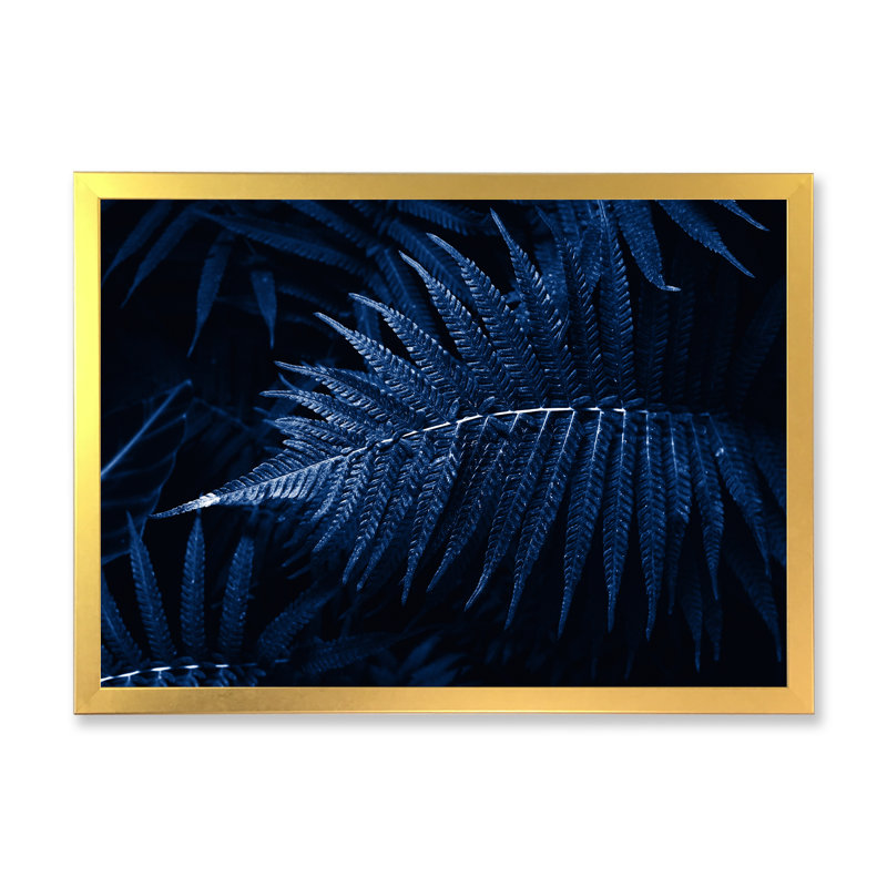 Feuilles tropicales en bleu classique - photographie sur toile, Cadre doré à coins fermés, H 16 po x l 32 po