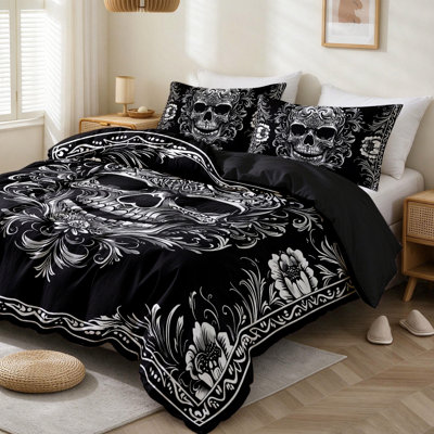Ensemble de housse de couette style gothique pour grand lit, ensemble de literie 3 pièces pour décoration de chambre à coucher Housse d'édredon rétro en squelette doré avec 1 taie d'oreiller