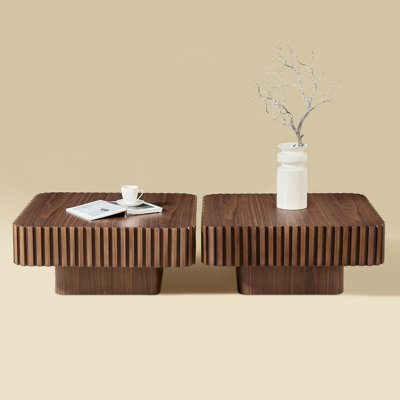 2PCS Set 31.5 Inch Modern Handcraft Drum Coffee Table Square Coffee Table for Living Room