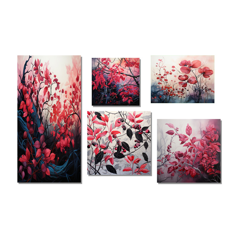 Feuilles botaniques rouges et noires minimalistes - feuilles, ensemble de 5 impressions sur toile, Toile tendue