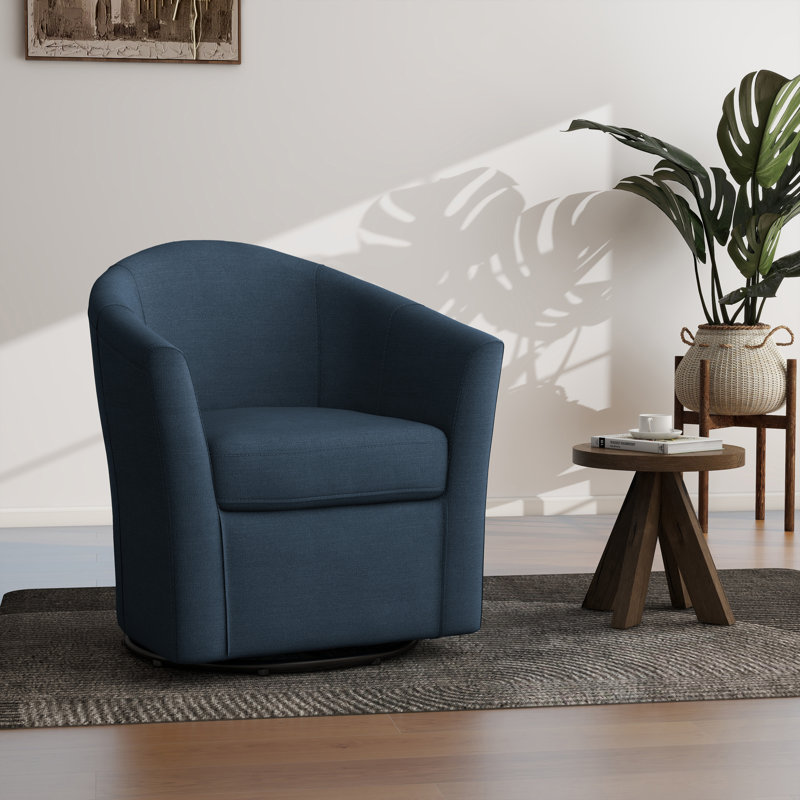 Fauteuil demi-tonneau pivotant rembourré Aunna, Mélange de lin bleu